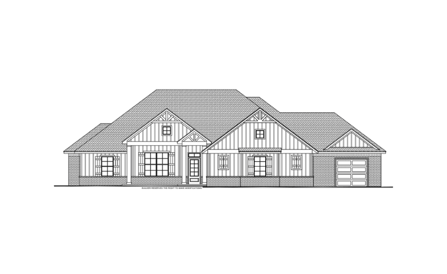 Architectural line drawing of a single-story house with a gable roof, large front windows, a central entrance, and an attached garage.