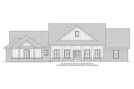 Architectural drawing of a custom-built, single-story house in Oklahoma with a gabled roof, covered front porch, and multiple windows. The design includes vertical siding, brick accents, and a central front door.