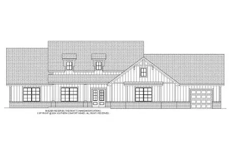 Black-and-white architectural blueprint of a custom-built home in Oklahoma, showcasing a house exterior with a pitched roof, garage, and detailed siding.