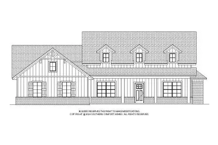 A black and white architectural rendering of a custom-built, one-story house in Oklahoma, featuring a gabled roof, dormer windows, brick foundation, and multiple windows on the front facade.