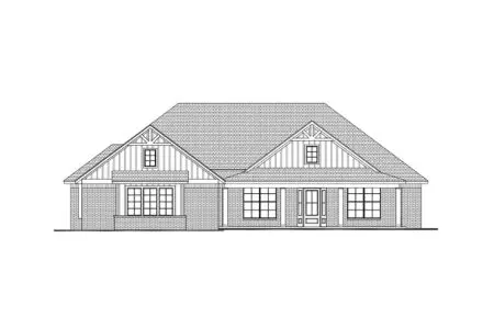 Black and white architectural line drawing of a custom-built, single-story house in Oklahoma with a gabled roof, a front porch, and multiple windows.