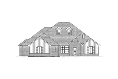 Architectural drawing of a custom-built single-story house in Oklahoma with a gabled roof, chimneys, and multiple windows, featuring a mix of brick and vertical siding.