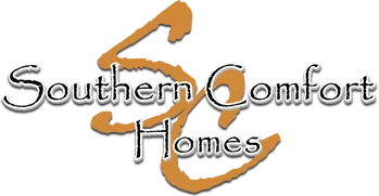 Logo displaying the text "Southern Comfort Homes" in white, with an orange and black abstract design in the background.